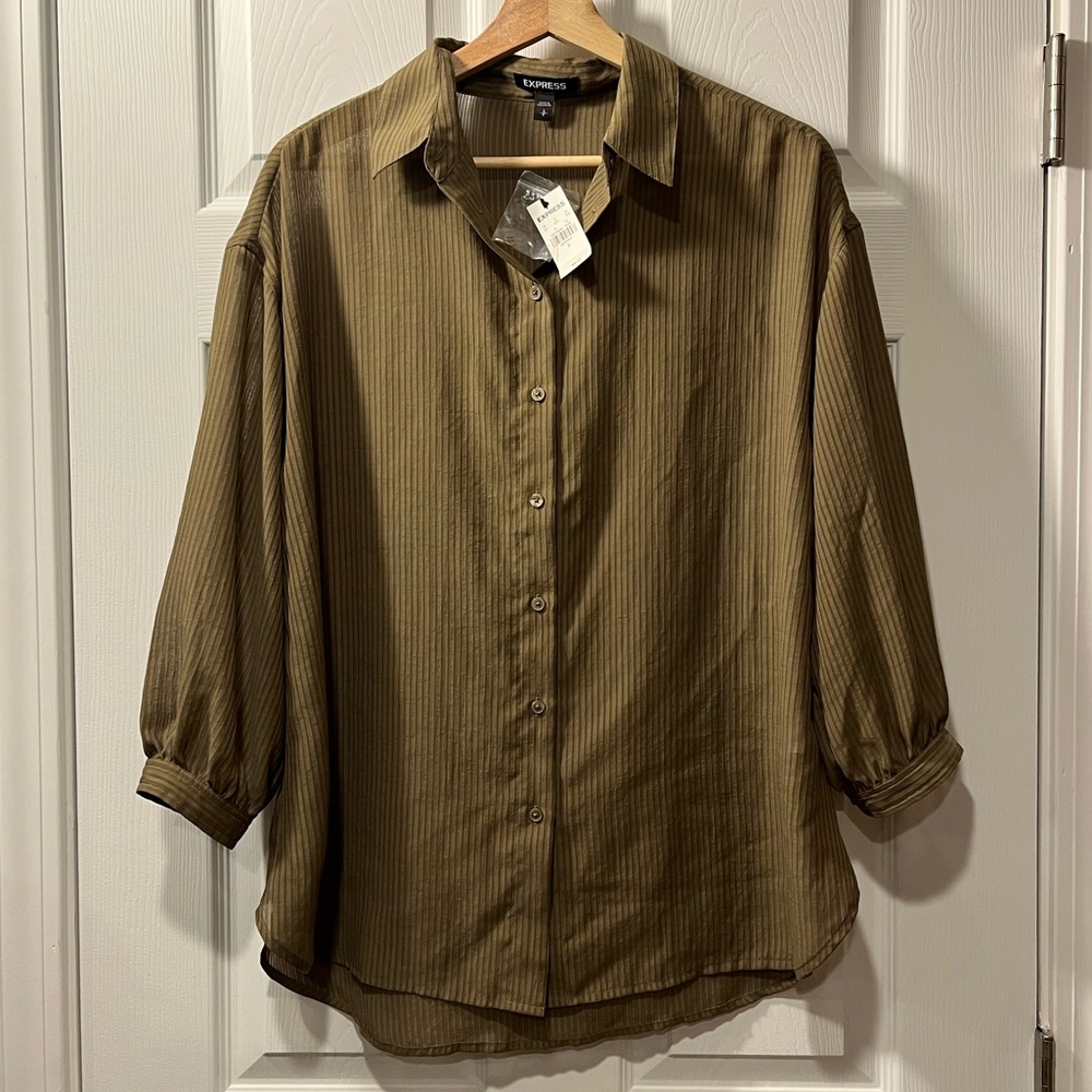 Express Olive Striped Button Down Shirt